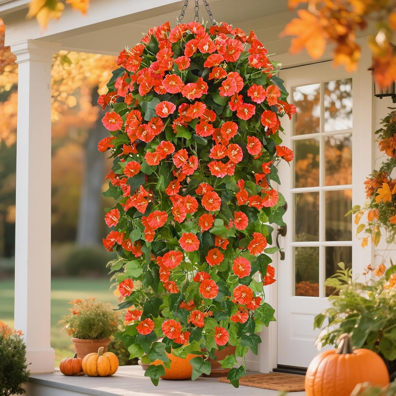 Artificial Fall Hanging Flower Baskets – Faux Mums for Outdoor Porch, Garden, Urn Fillers, and Seasonal Autumn Décor